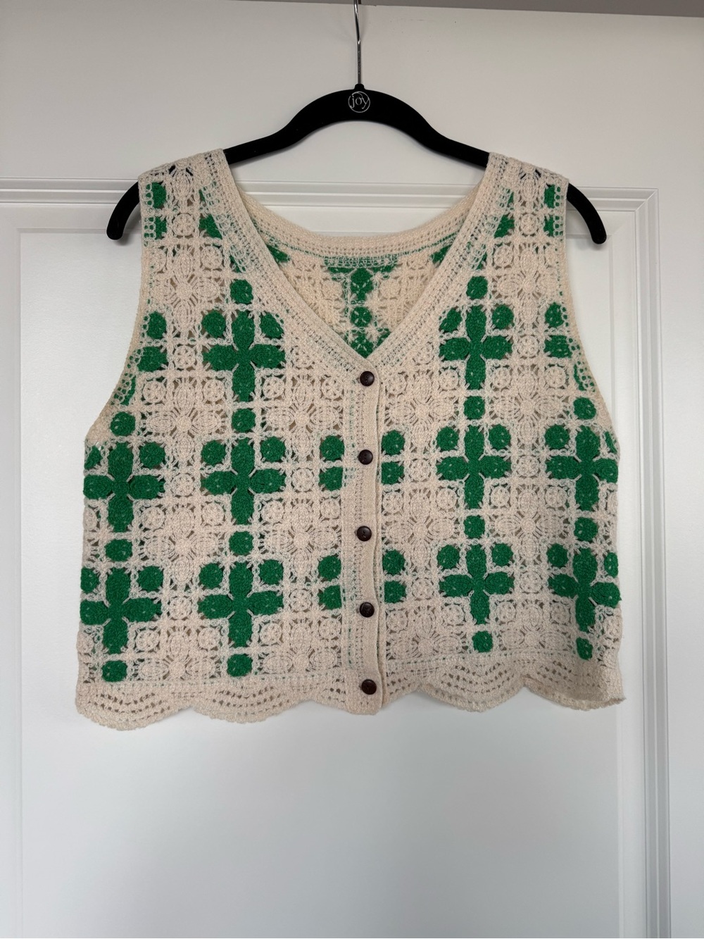 Cream and Green Crochet Button-Front Sweater Vest Tank Top